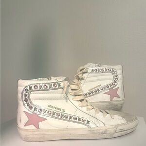 Golden Goose White Pink High-Top Sneakers Vintage Distressed, Size 9